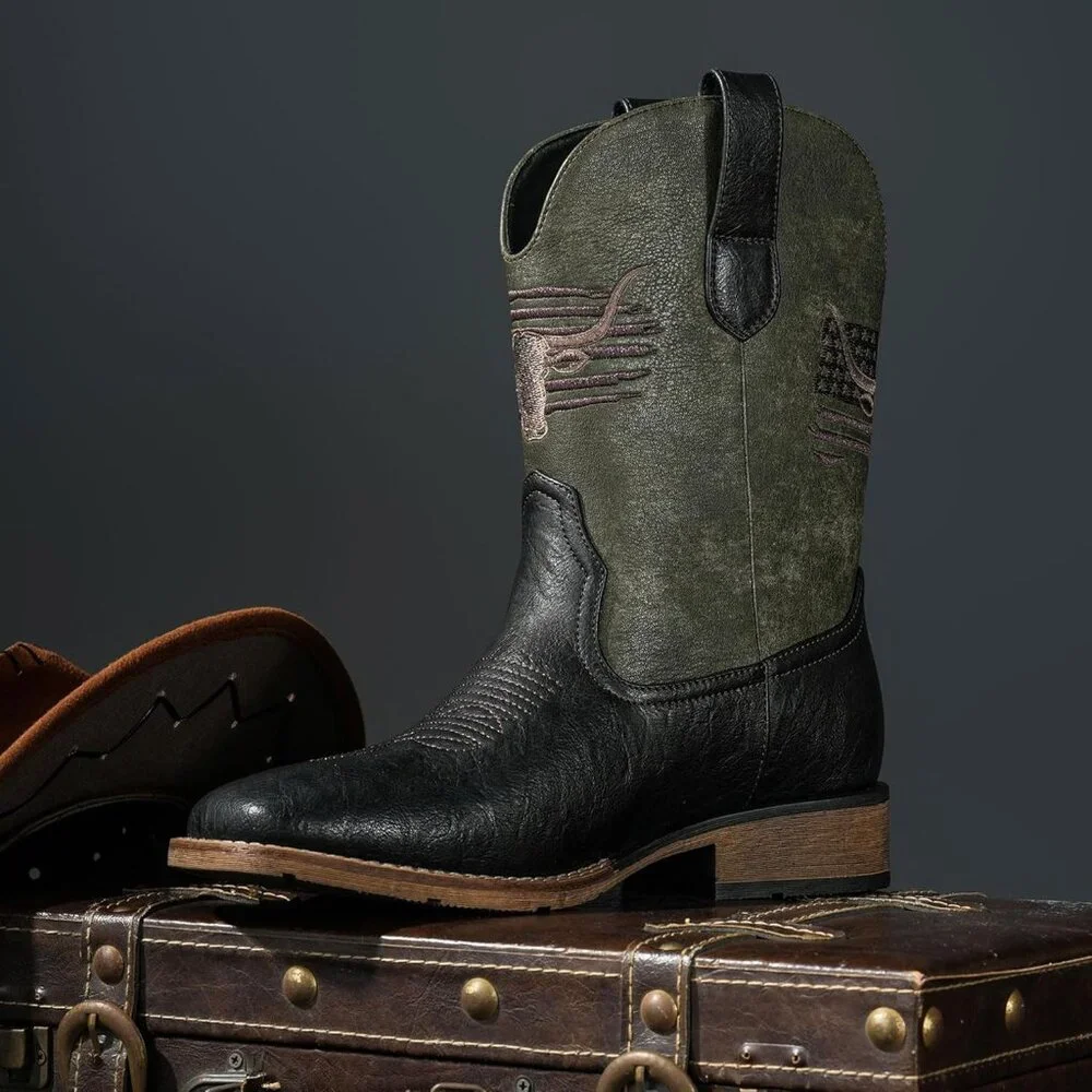 Men's Olive Green Toe Western Boots Vegan/genuine Leather With Classic Patriot